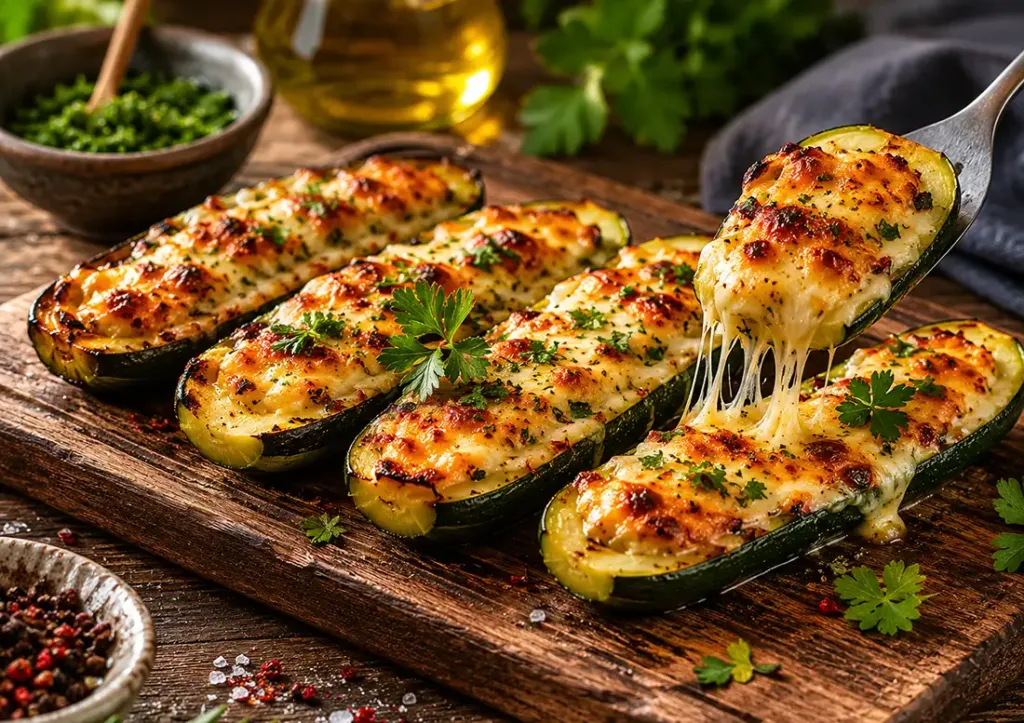 Calabacita cocinada entre brasas y cenizas con queso fundido y especias aromáticas.