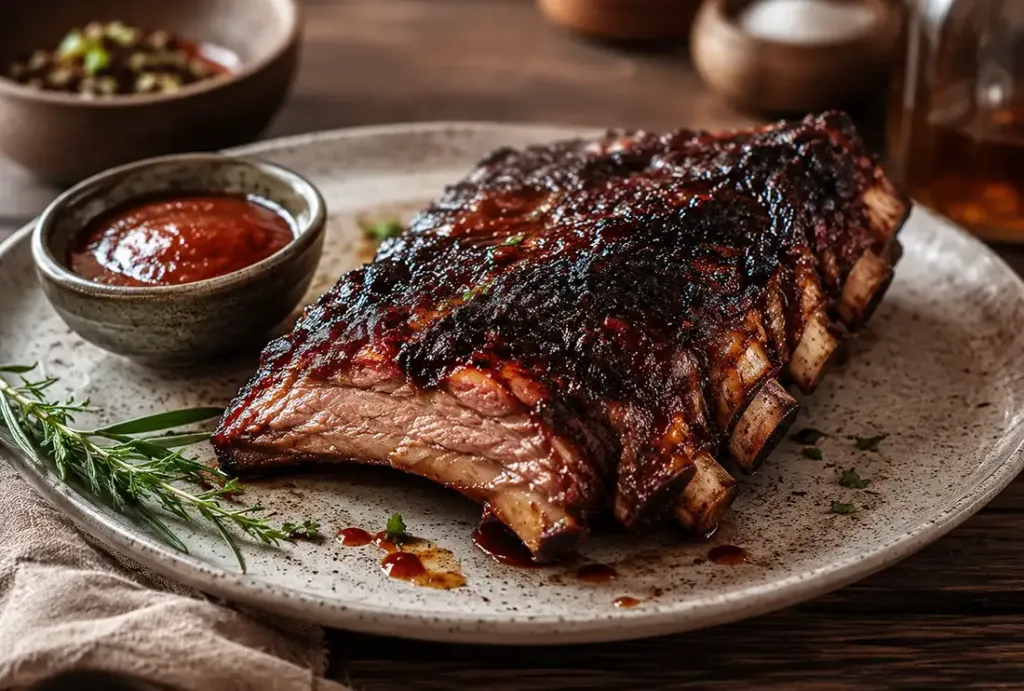 Costilla ventana cocinada lentamente sobre brasas y costra de especias.