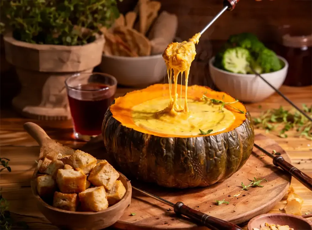 Zapallo cocinado a las brasas relleno con queso fundido servido directamente en su cáscara.