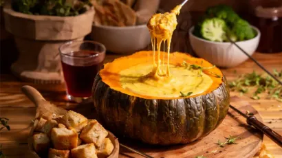 Zapallo cocinado a las brasas relleno con queso fundido servido directamente en su cáscara.