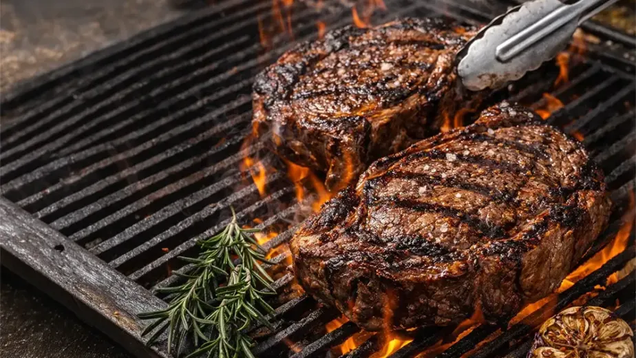 Medallones de ojo de bife sellándose sobre brasas intensas en una parrilla tradicional.