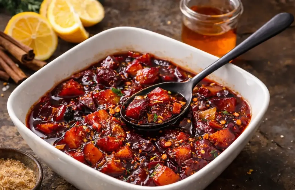 Salsa de ciruela agridulce preparada con frutas asadas, especias y vino para acompañar carnes.