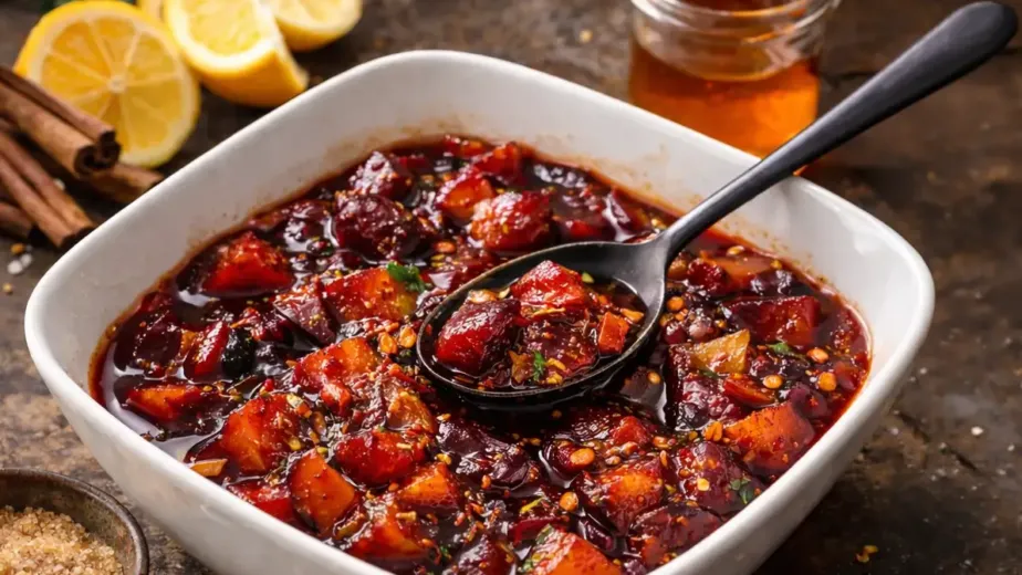 Salsa de ciruela agridulce preparada con frutas asadas, especias y vino para acompañar carnes.