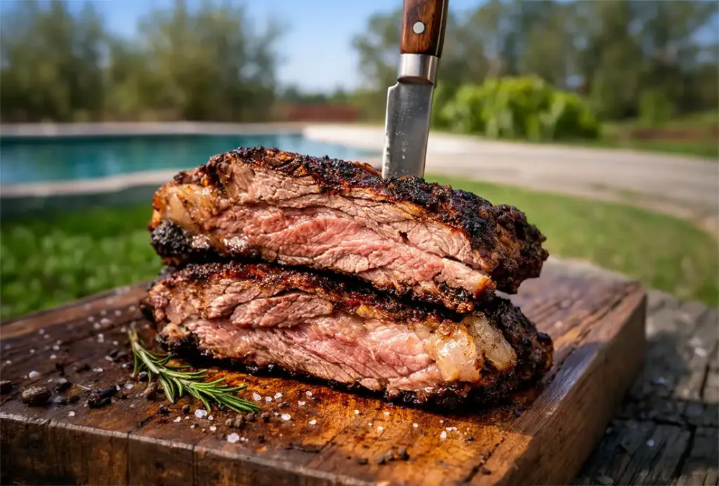 Vacío gourmet cocinándose lentamente sobre brasas moderadas en una parrilla tradicional.