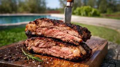 Vacío gourmet cocinándose lentamente sobre brasas moderadas en una parrilla tradicional.