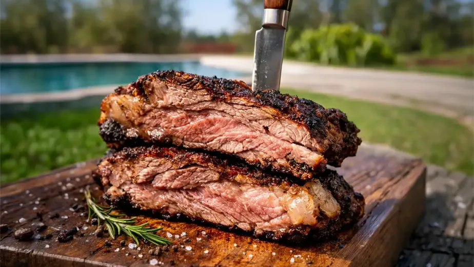 Vacío gourmet cocinándose lentamente sobre brasas moderadas en una parrilla tradicional.